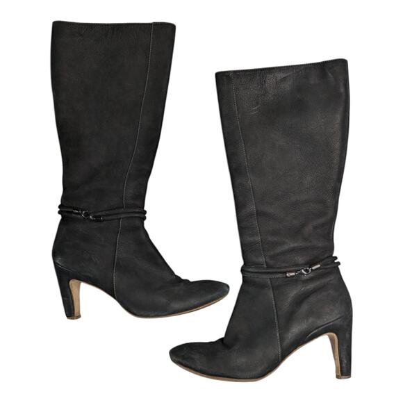 Ecco Nephi Black Nubuck Leather Knee High Almond Toe High Heel Boots 38 7.5 - Picture 1 of 6